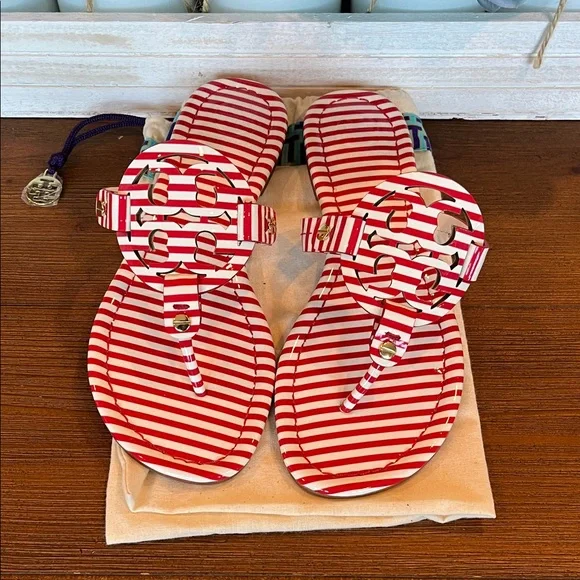 NWOB Tory Burch Patent Leather Miller Sandal Striped Nautical Red White - Picture 1 of 9
